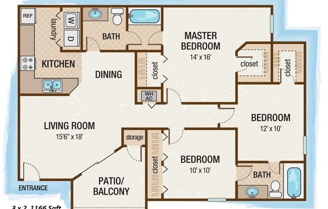 3 beds, 2 baths, 1,166 sqft, $2,150, Unit 504