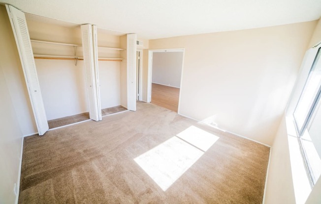 an empty room with a carpeted floor and a closet