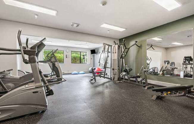 A gym with treadmills, exercise bikes, and other equipment.