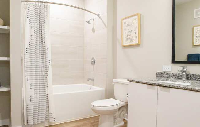 a bathroom with a shower toilet and sink and a mirror