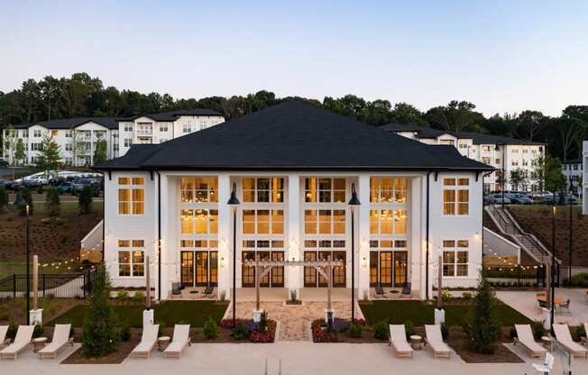 lit up clubhouse at The Quincy Apartments, Acworth, GA