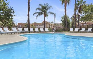 A clear blue swimming pool surrounded by lounge chairs and palm trees. In the background, residential buildings are visible against a bright blue sky. The scene conveys a relaxing outdoor atmosphere, ideal for leisure and sunbathing.