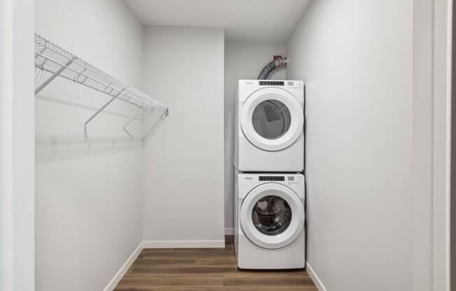 a white washer and dryer in a laundry room with a white closet