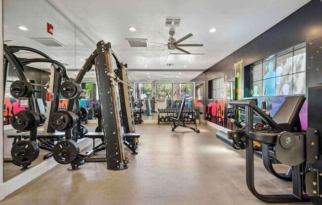 A gym with a variety of equipment including dumbbells, weight machines, and a bench press. at Lazo Apartment Homes, Chandler, 85225