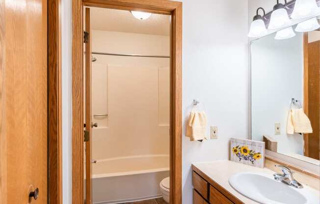 a bathroom with a sink and a shower and a mirror. Fargo, ND Crescent Park Apartments