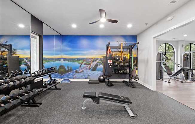 a home gym with a wall mural and weights and cardio equipment