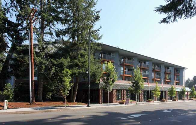 A street view of a building with trees in front.
