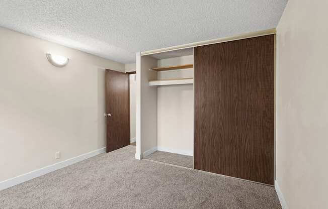 A room with a brown door and a brown wardrobe.