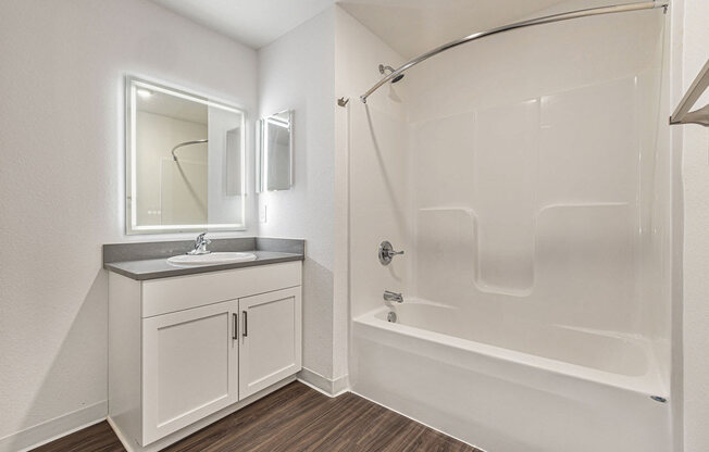 a bathroom with a shower and a sink and a mirror  at Signature Pointe Apartment Homes, Athens, Alabama