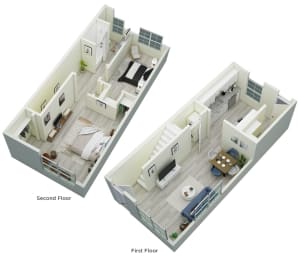 3D floor plan of a 2-bedroom, 1-bath 725 square foot townhome floor plan at Terraces at Clearwater Beach