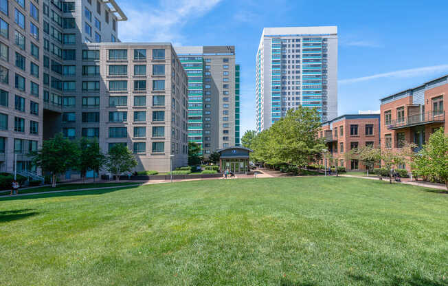 Surrounded by open lawn spaces.