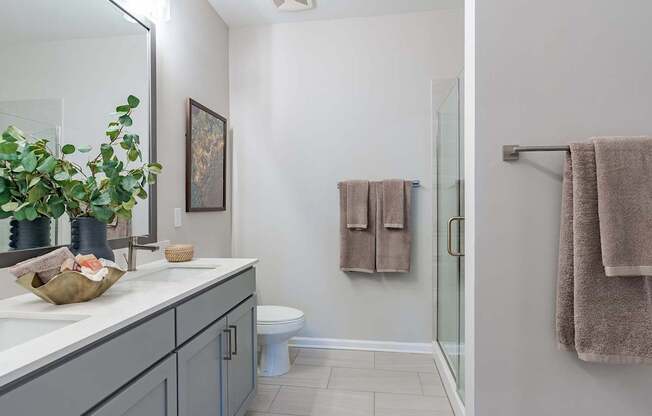 a bathroom with a sink and a shower and a toilet