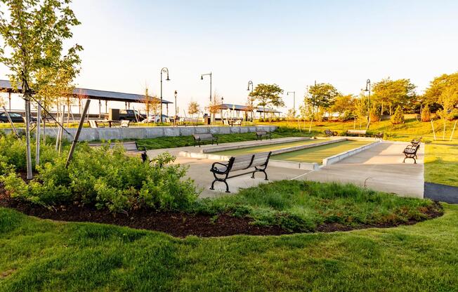 Gather with neighbors for a game of bocce or relax on a shaded bench in the scenic waterfront green space minutes from your door.