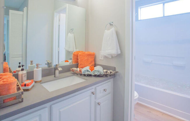 a bathroom with a sink and a shower and a mirror at Sunnyvale Crossings Apartments, LLC, Sunnyvale, CA