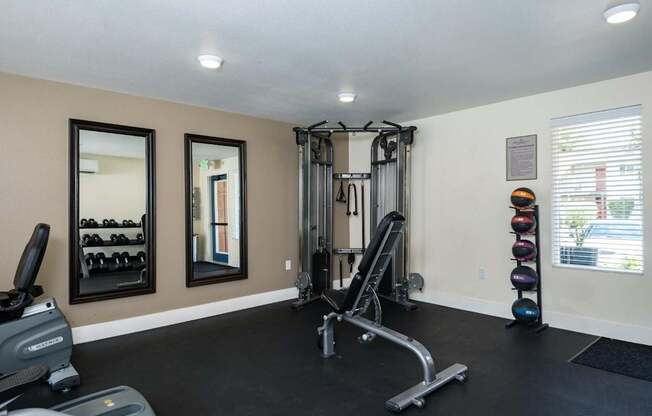 A home gym with a treadmill, weights, and mirrors.