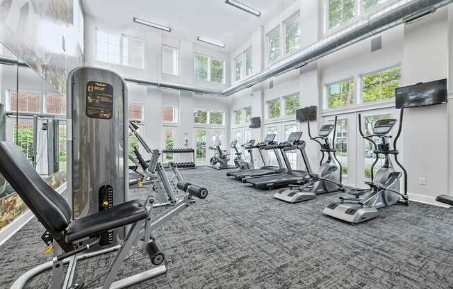A gym with a variety of equipment including treadmills, weights, and a rowing machine.