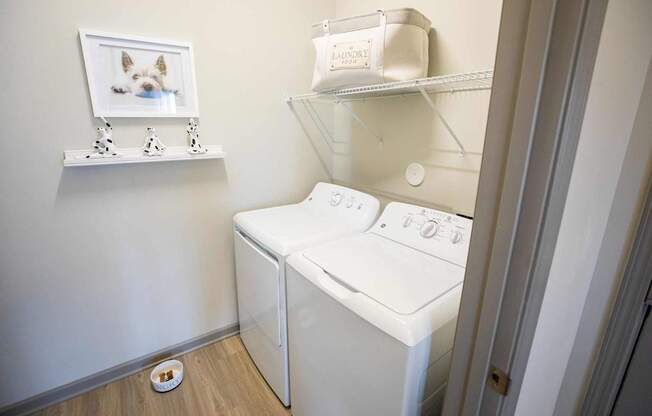 A small white washing machine sits in a laundry room.