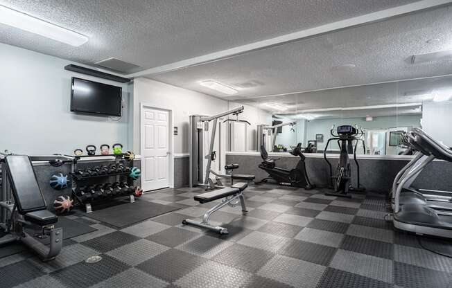 A well-equipped gym with a variety of exercise machines and weights.