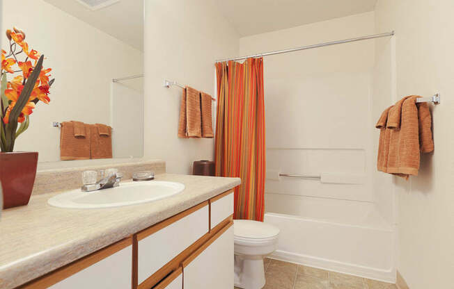 a bathroom with an orange shower curtain and a sink and a toilet