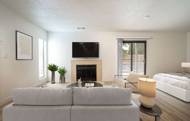 a living room with a couch and a tv above a fireplace