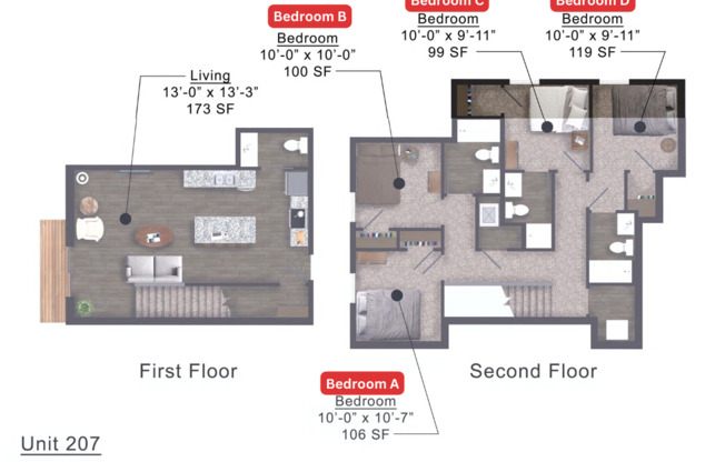 4 beds, 3.5 baths, 106 sqft, $650, Unit 207 - RBTR - A