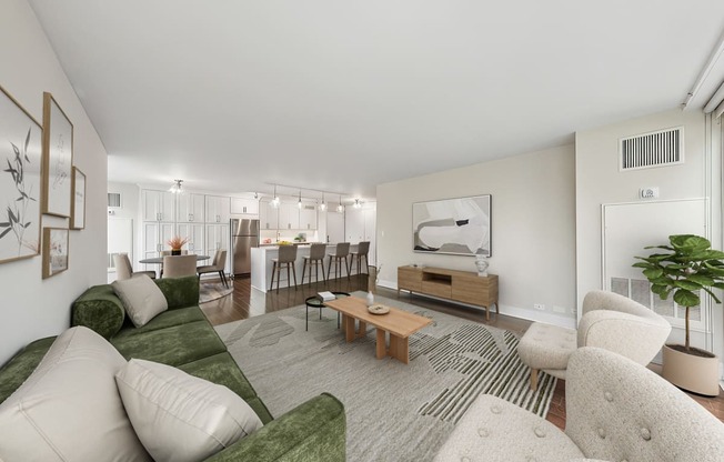 a living room with a couch and a table