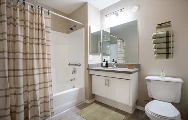 a bathroom with a toilet sink and shower and a mirror