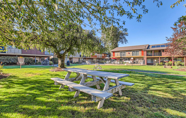 a picnic table sitting under a tree in the grass