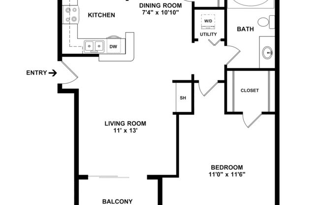 1 bed, 1 bath, 611 sqft, $1,110