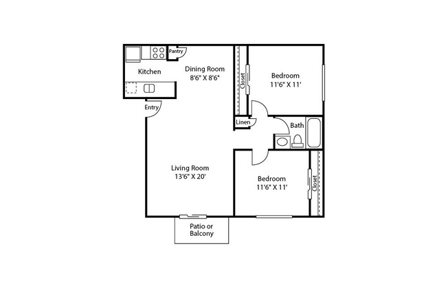 2 beds, 1 bath, 860 sqft, $1,252