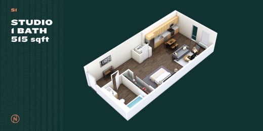 Studio, 1 bath, 515 sqft, $1,291