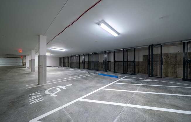 a empty parking garage with rows of storage space at Edgebrook Residences, Merrimack New Hampshire