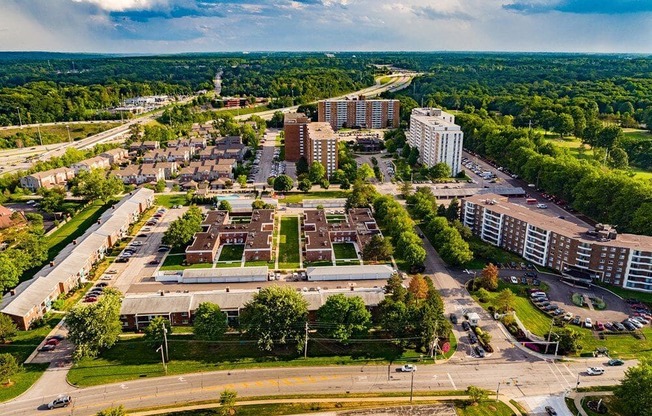 Large apartment complex with highrise, townhomes and garden suites