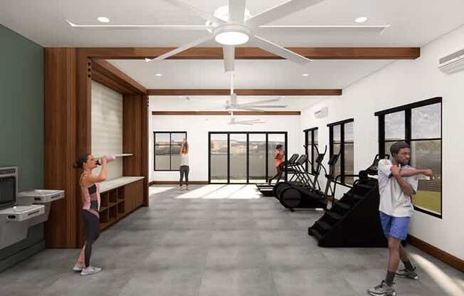 A man and a woman are exercising in a spacious, well-lit room with exercise equipment.