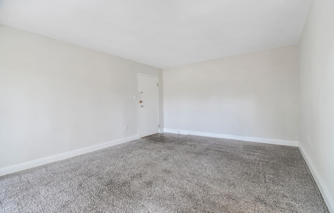 A room with a carpeted floor and a closed door.
