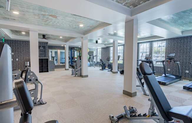 State-Of-The-Art Fitness Center Equipped With Strength Training And Cardio Machines, Yoga Balls, And Plenty Of Windows at Bayswater Apartments, Burlingame, 94010