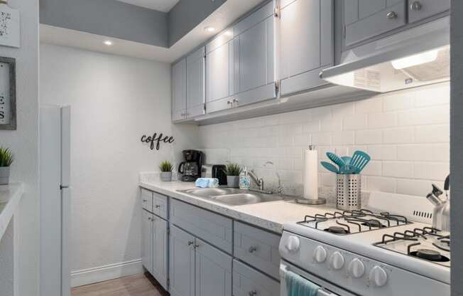 Phoenix, AZ, Luxury Apartments For Rent - Crosstown Phoenix - Kitchen With Wood-Inspired Flooring, White Cabinets, Tile Backsplash, Dual Sink, And A Oven.
