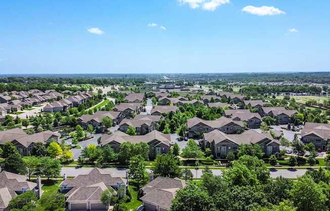 A suburban neighborhood with rows of houses and trees.