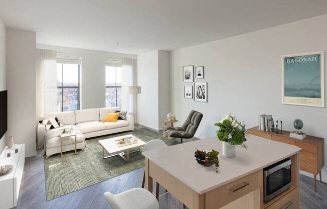 a living room and dining room with a couch and a table at Reed Row, Washington