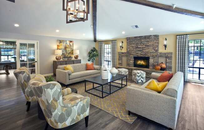 Seating area with fireplace at Club Pacifica, California