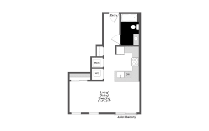Studio, 1 bath, 523 sqft, $1,743