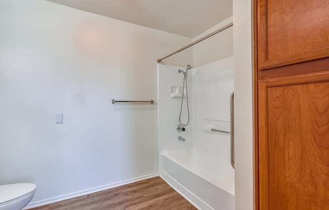 a bathroom with a bathtub and a toilet