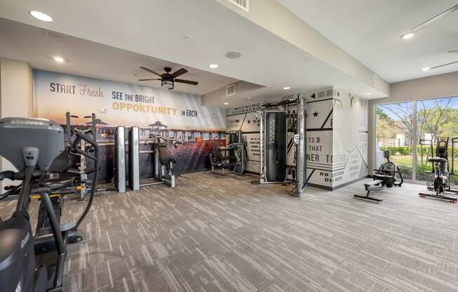 a gym with weights and cardio machines and a wall with a mural of the gym