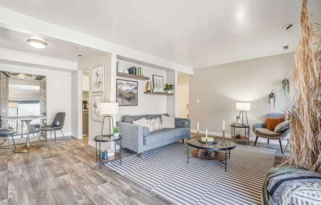 A living room with a grey couch and a striped rug.