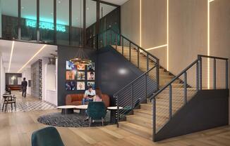 Hotel-inspired lobby with comfortable seating at Modera Encore in Tampa, FL.