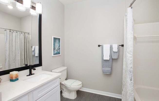 bathrooms with quartz countertops, framed mirrors and bathtub/shower (Legacy Series)