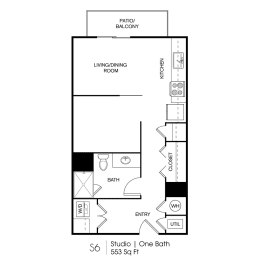 Studio, 1 bath, 553 sqft, $1,338