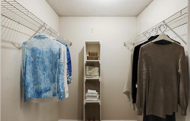 a walk in closet with two racks and a closet organizer