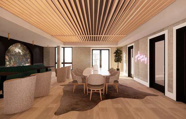 A modern living room with a wooden ceiling and a green sofa.