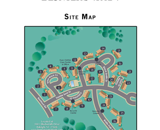 A map of the Hunter's Run site with various buildings and locations labeled.